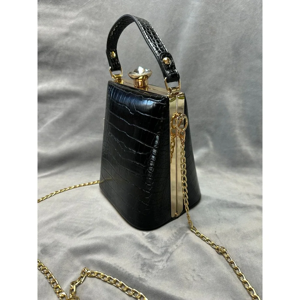 NWT Box Clutch Bag Black Croc Embossed Small Evening‎ Wedding Party